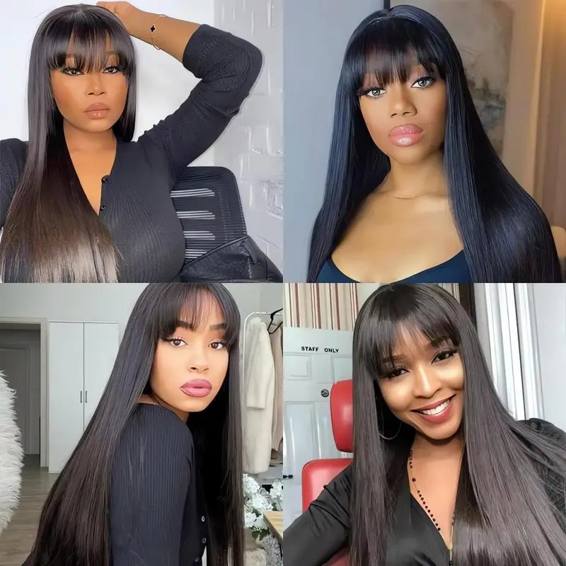 Black Bone Straight Human Hair Wig with Bangs - 30 Inch Brazilian Glueless Lace Wig for Women