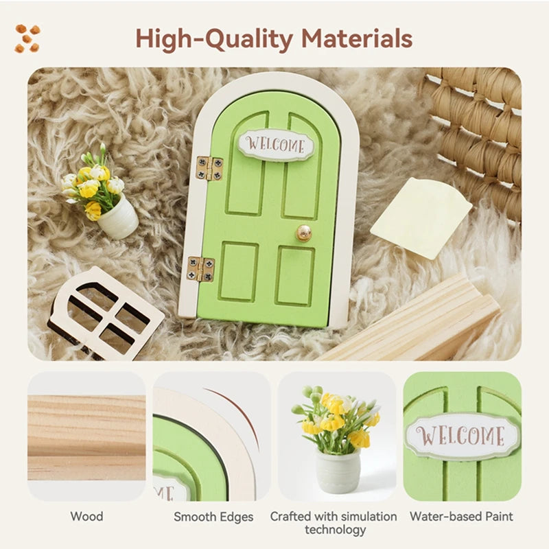Wooden Elf Door Set Dollhouse Decor Fairytale Balcony Hanging Ornaments