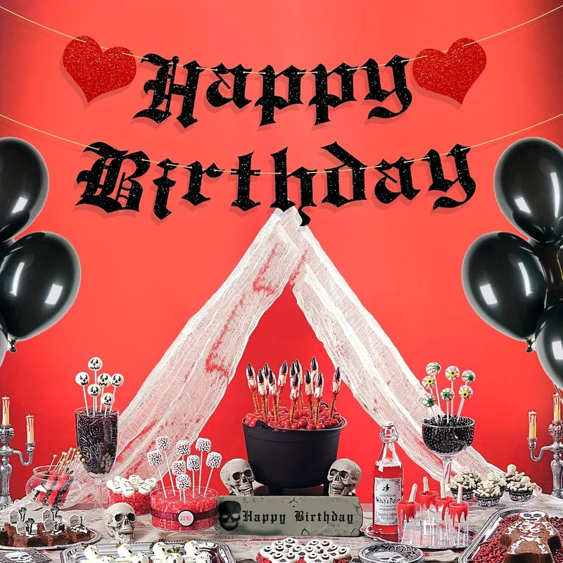 Goth Birthday Decorations Banner Halloween Funeral Party Supplies Glitter Banner