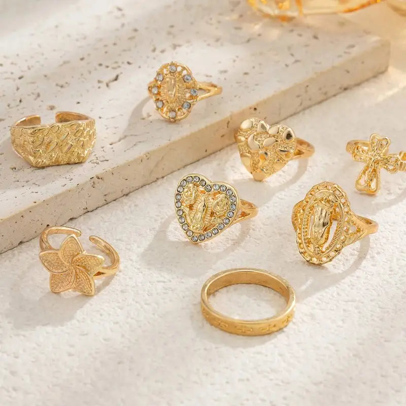 8-Piece Gold Cross Virgin Mary Open Ring Set Women’s Jewelry with Heart Inlaid Diamond Charm