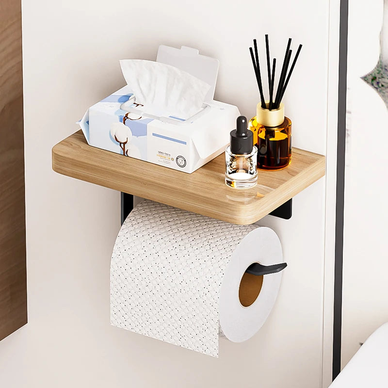 Solid Wood Toilet Paper Holder No Punch for Bathroom Tissue and Paper Roll