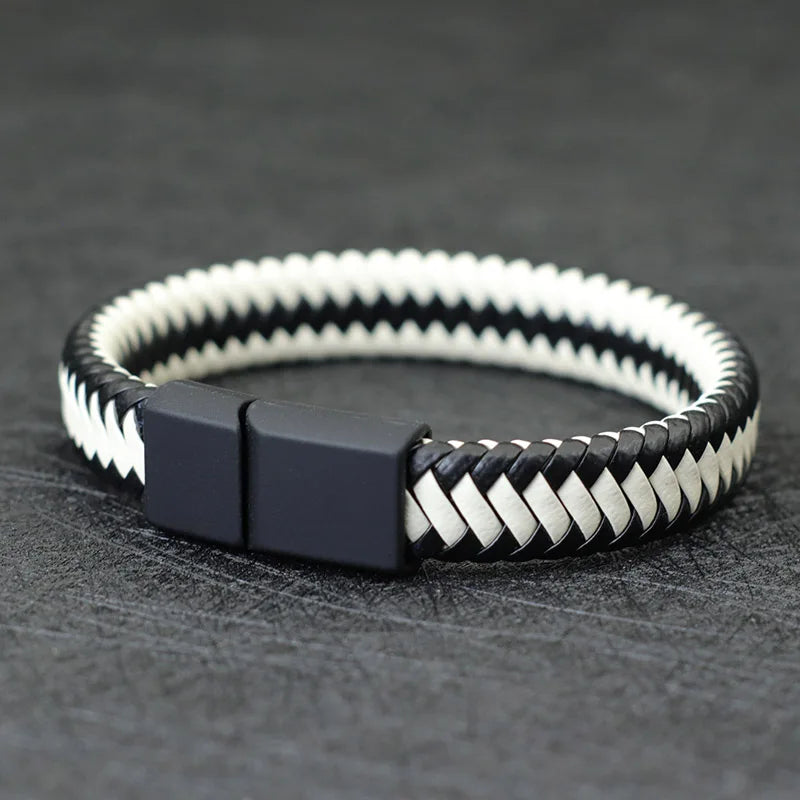 Men's Leather Bracelet Bangle with Magnetic Clasp - Black Braided Punk Style, Gift for Him