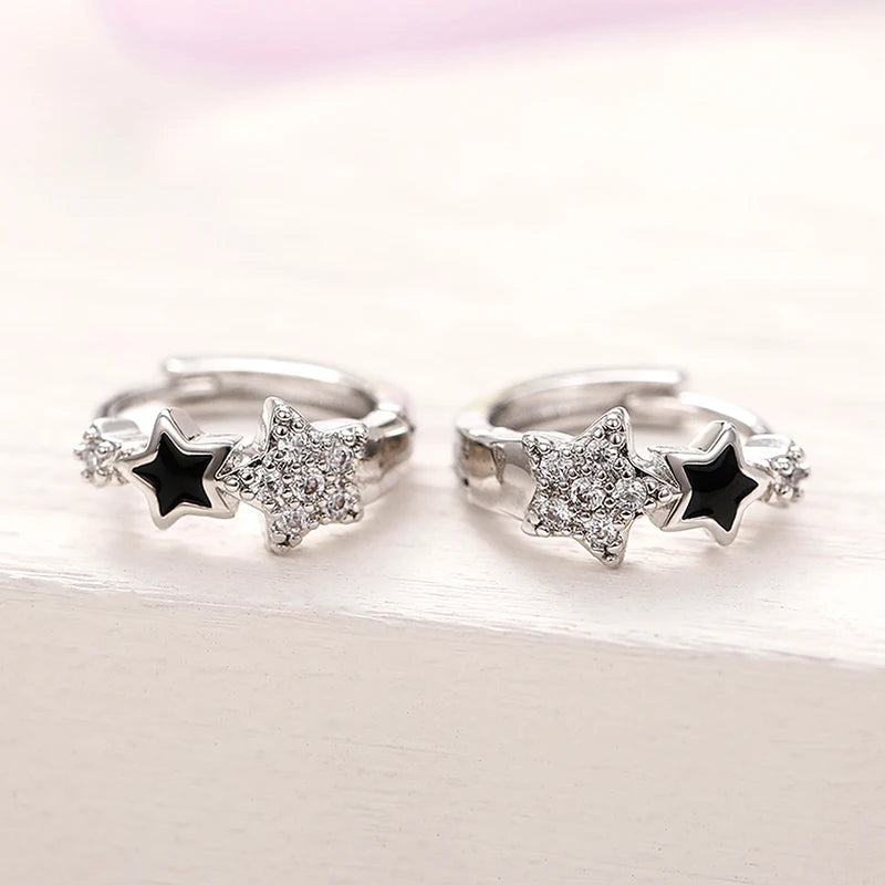 Women Star Hoop Earrings with CZ and Black Enamel - Delicate Circle Jewelry