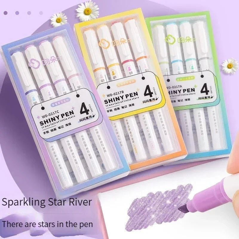 Kawaii Glitter Highlighter Pen Set - Pastel Fine Markers for Scrapbooking & Stationery