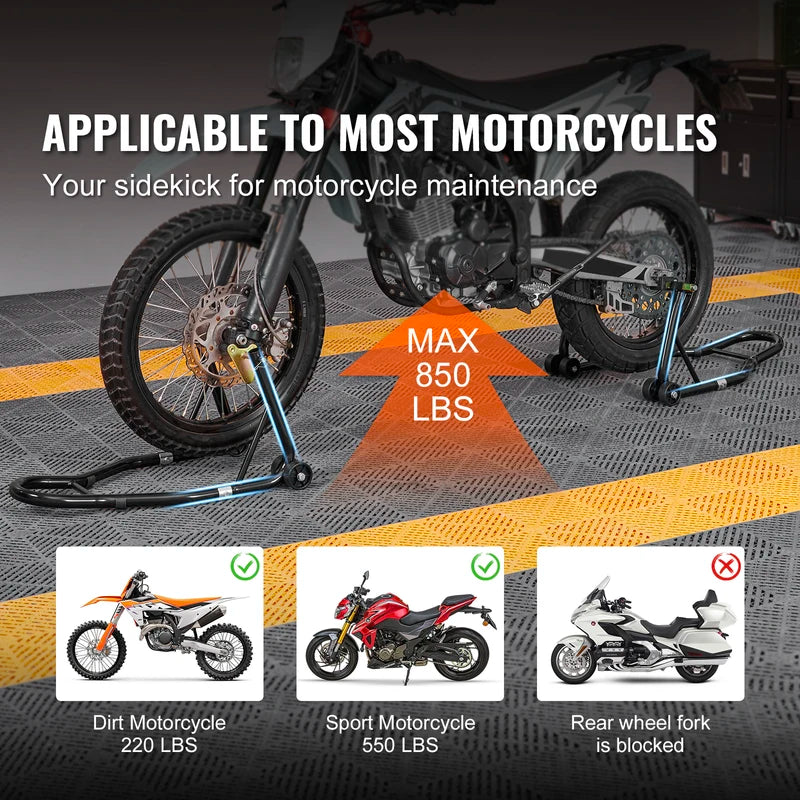 Heavy Duty Motorcycle Stand Lift 850lbs Front & Rear Combo Stand with Casters