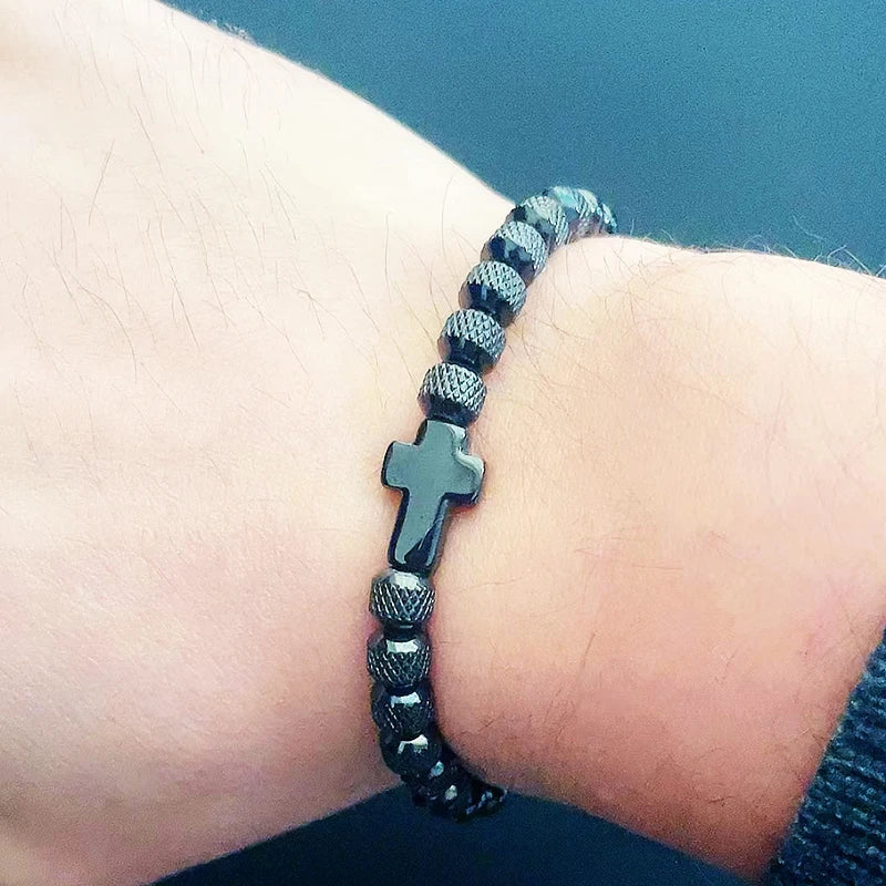 Unisex Stainless Steel Cross Charm Bracelet for Women Men Beaded Jewelry Gift
