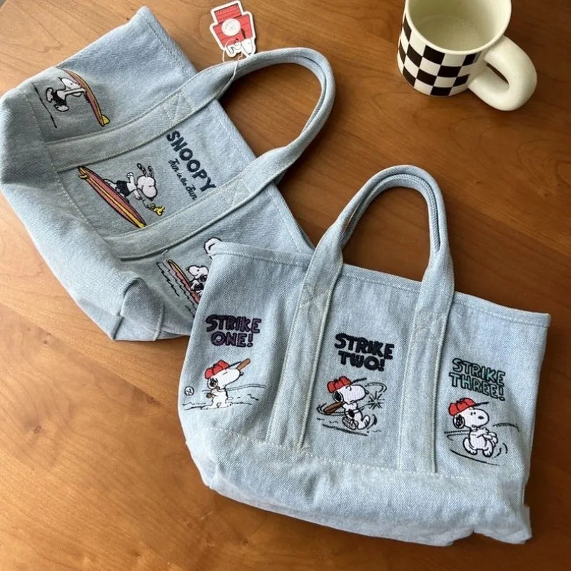 Cute Snoopy Embroidered Canvas Tote Bag for Women Casual Office & Lunch
