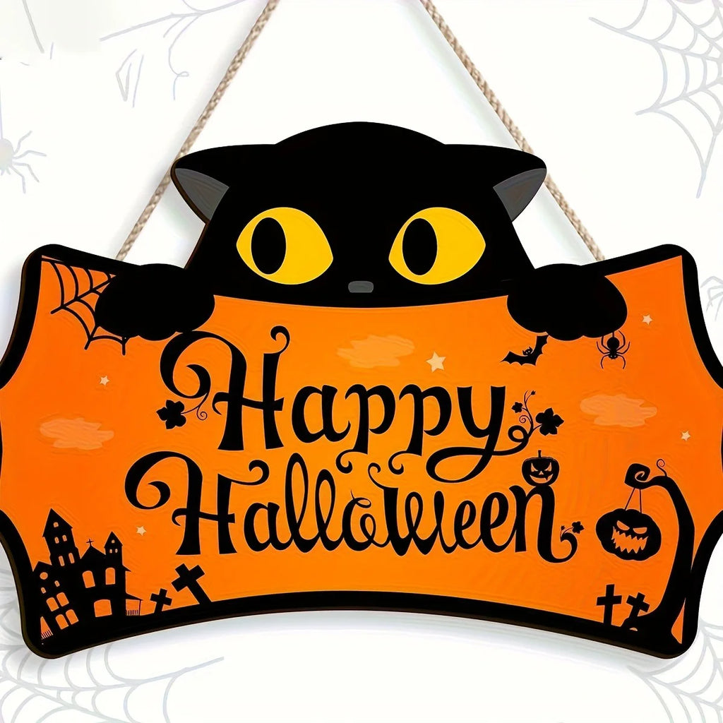 Halloween Wooden Hanging Sign Black Cat Pumpkin Bat Spider Door Decor for Porch