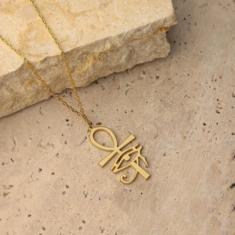 Ancient Egyptian Gold Plated Ankh Eye of Horus Pendant Necklace for Women
