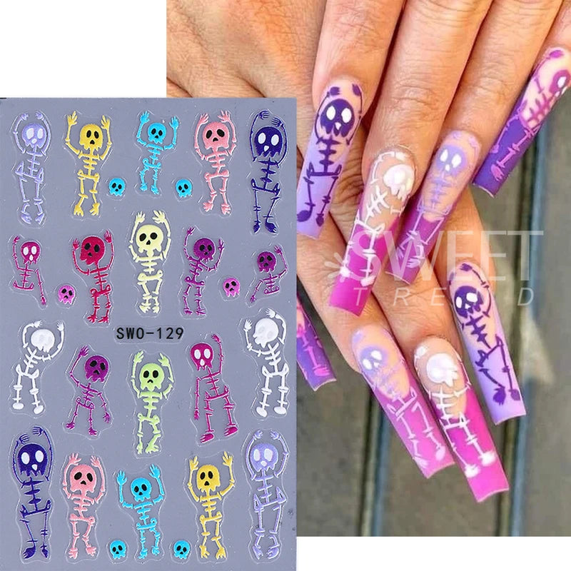 2pcs Skeleton Halloween Nail Stickers Cartoon Skull Head Textured Decals DIY Manicure Accessories