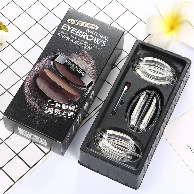 Double Layer Eyebrow Powder Stamp Kit with Stencils & Brush - Natural Brow Enhancers