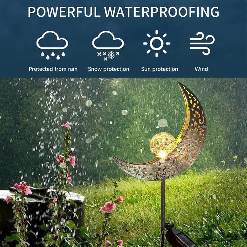 Solar Garden Lights Outdoor Decor Moon Fairy Crackle Glass LED Stake Light