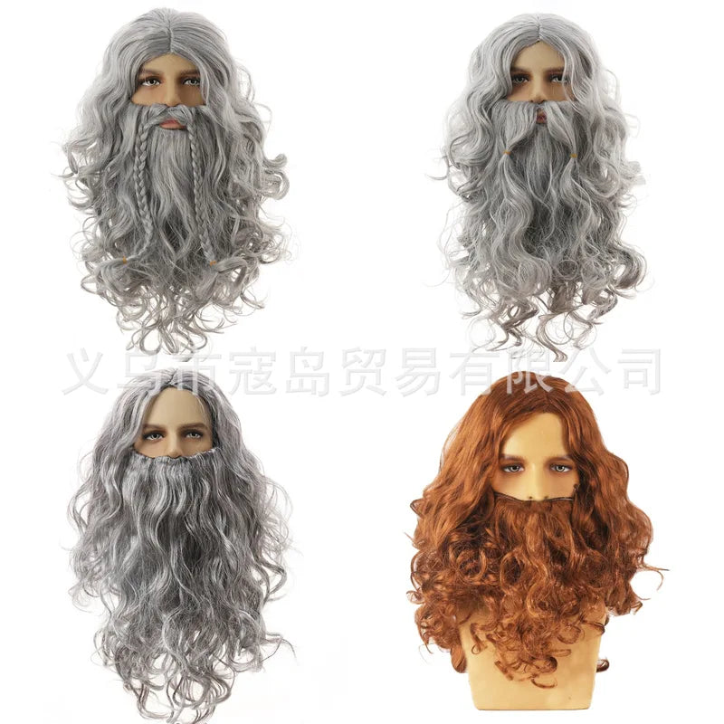 Halloween Men's Wizard Role Play Wig and Beard Set - Silver Grey Cosplay Hair Costume