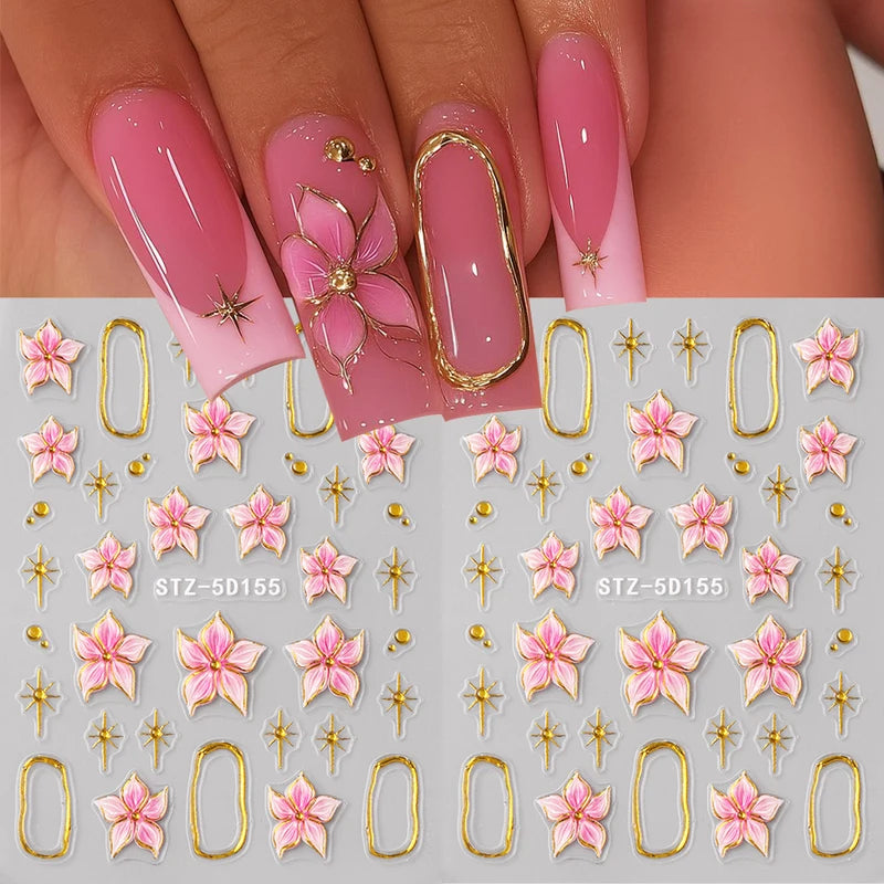 2pcs Embossed Hibiscus Flower Nail Art Stickers with Gold Ring Charms - Manicure Decals