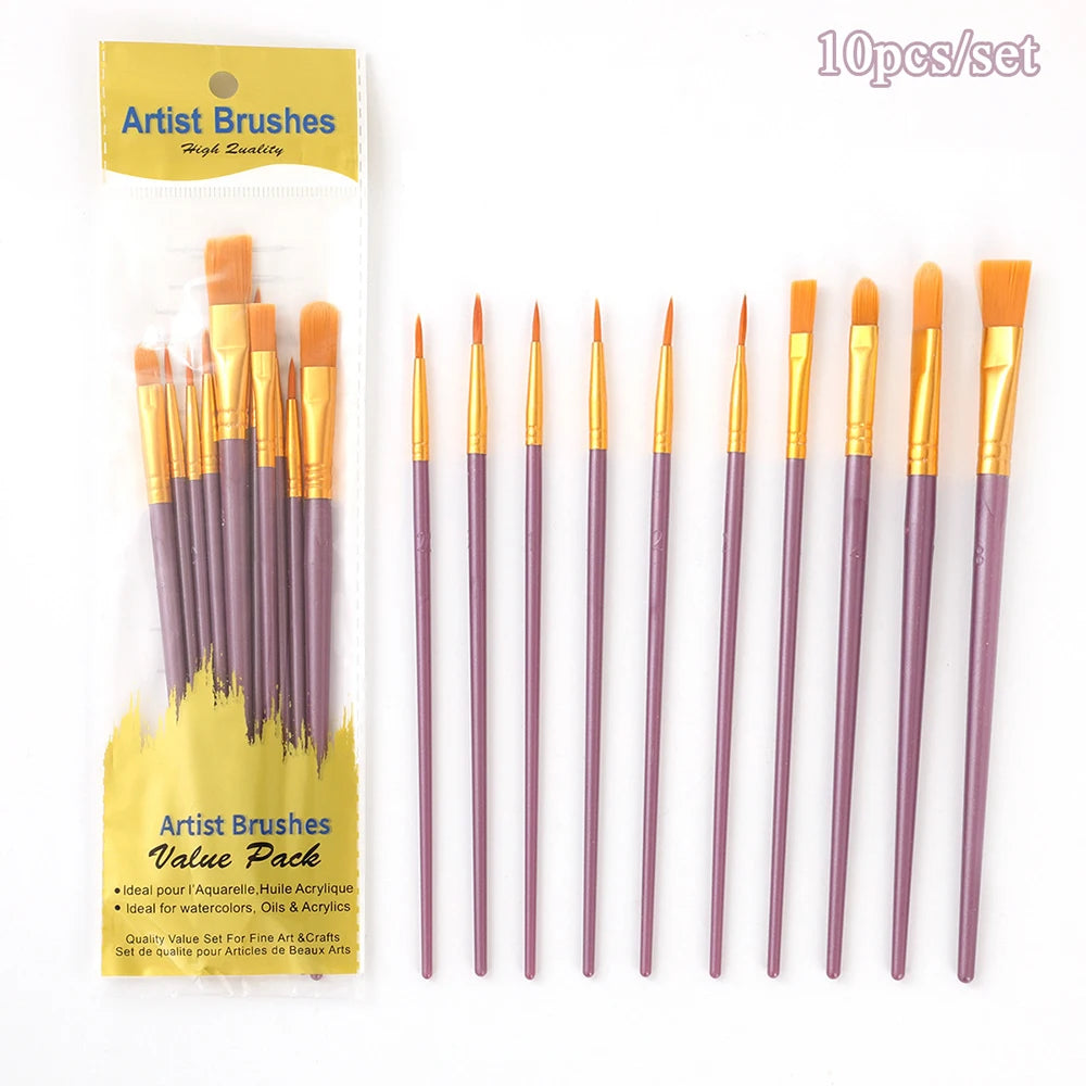 10-Piece Artist Paint Brush Set - Nylon Hair Watercolor & Body Painting Tools