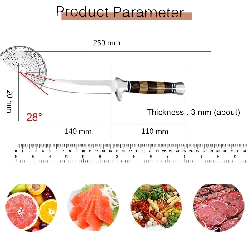 Stainless Steel Sashimi Knife Cleaver with Wooden Handle - Meat Fish Filleting & Butcher Kitchen Knife