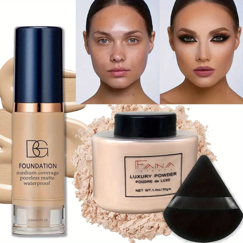 Matte Finish Oil-Control Foundation Powder Set with Puff - Long Lasting, Waterproof, Buildable Covering Dark Circles