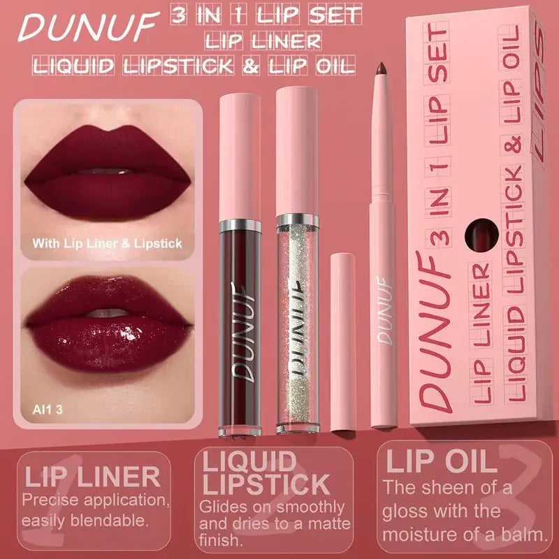 3-Piece Matte Lipstick Lip Liner and Lip Oil Set Waterproof Long Lasting