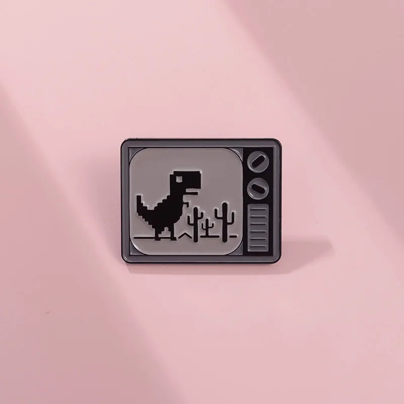 Cartoon Dinosaur Pin Badge - Retro Pixel Enamel Brooch for Clothing & Bags