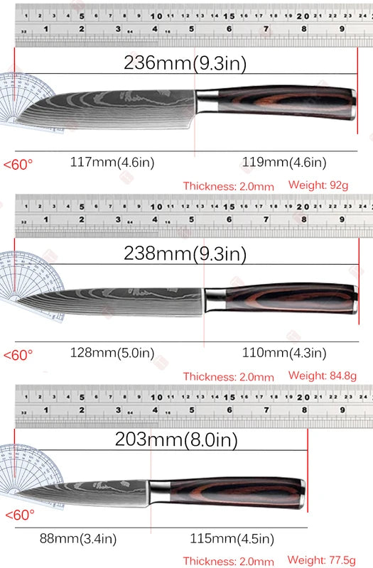 Kitchen Knife Set 1-3 Pcs Laser Damascus Santoku Cleaver Utility Chef Knives