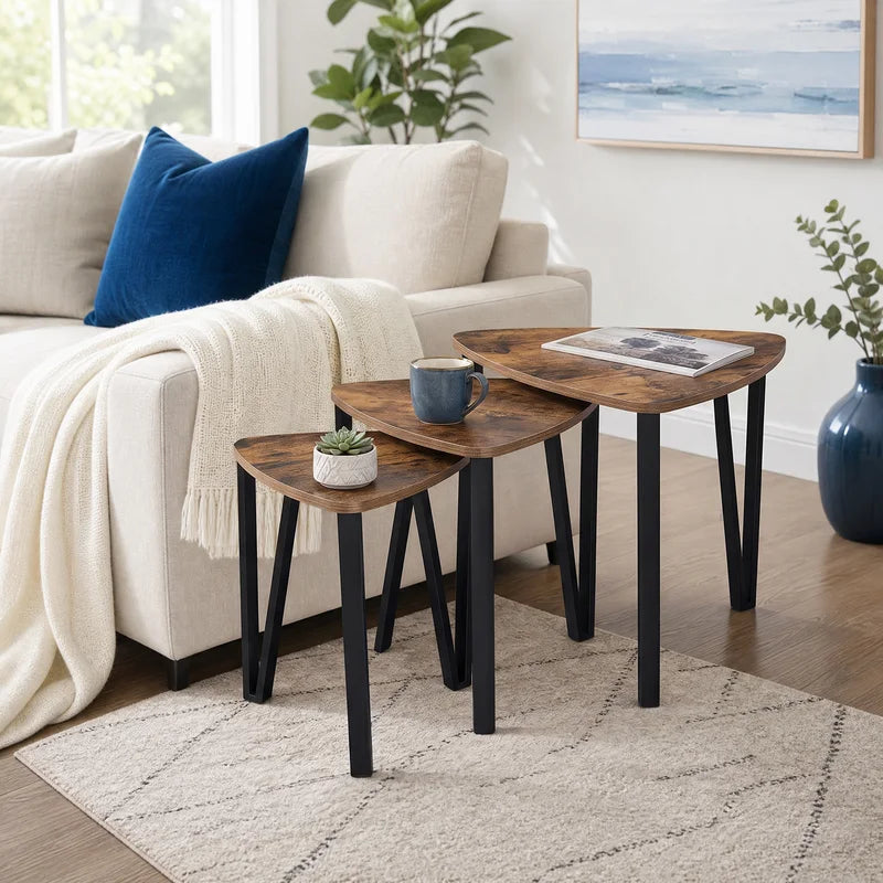 Set of 3 Triangle Nesting Coffee & Side Tables - Industrial Multi-Size Accent Tables