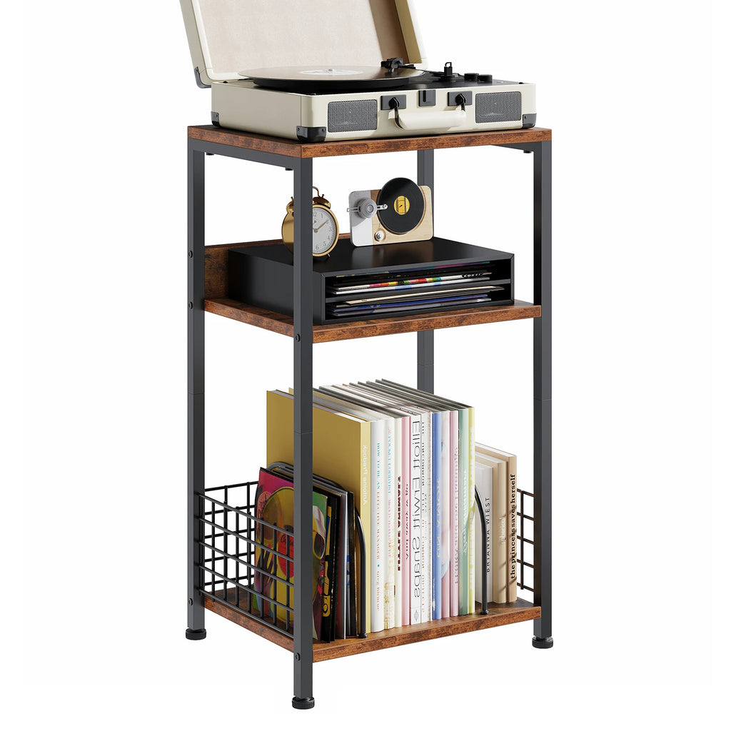 3-Tier Record Player Stand with Vinyl Storage - Black or Brown, 16 Inch