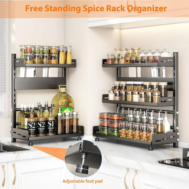 3 Tier Adjustable Spice Storage Rack for Countertop Kitchen Organization - Metal Shelf Black