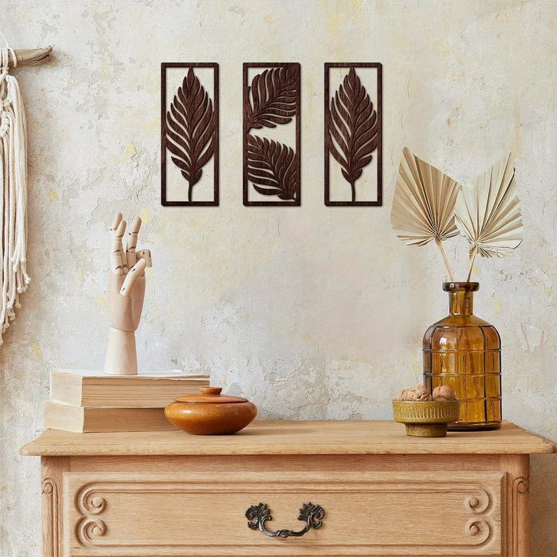 14-inch Wooden Leaf Wall Decor Set - Bohemian Tropical Style, Indoor & Outdoor Hanging
