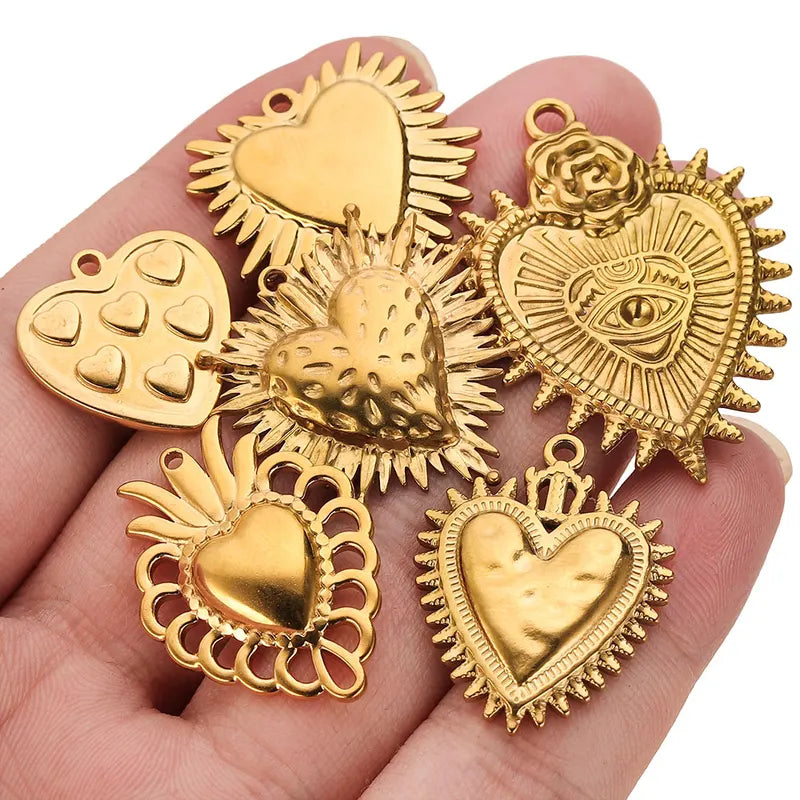 5pcs Stainless Steel Bohemian Heart Embossing Charm Jewelry Connectors for DIY Accessories