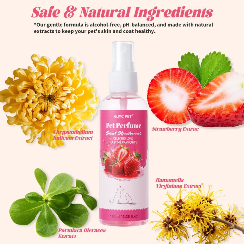 Pet Perfume Spray 100ml Sweet Strawberry Scent Long-Lasting Odor Neutralizer - Alcohol-Free, Fragrance & Odor Eliminator for Pets