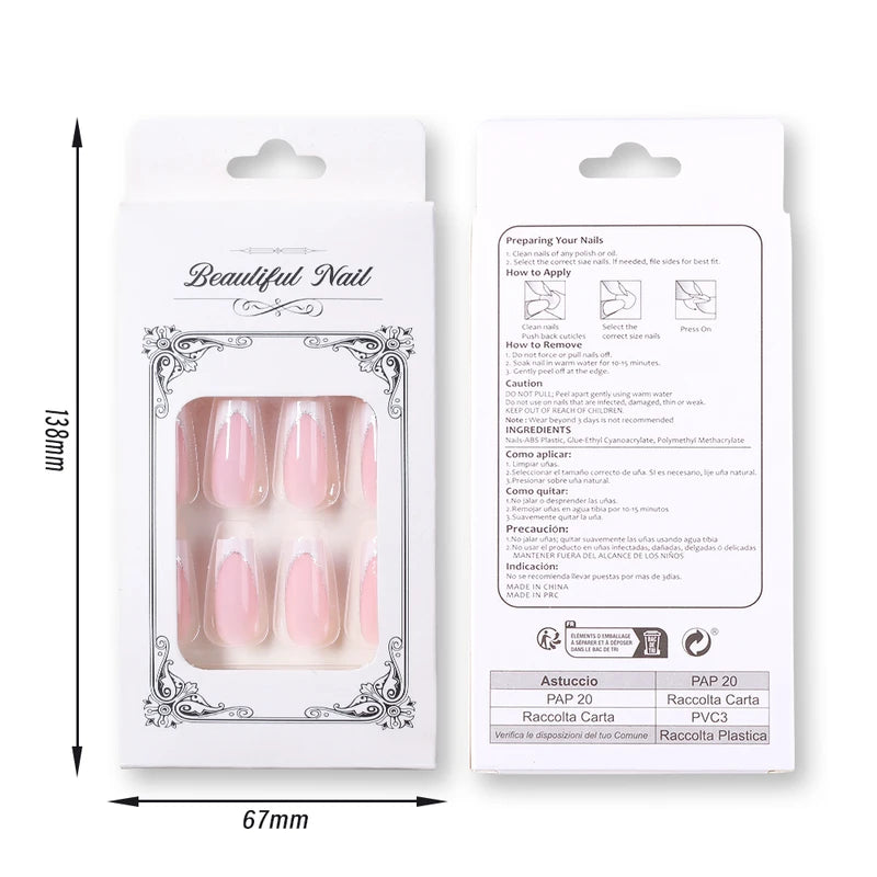 24Pcs Short Square Coffin Fake Nails with French Glitter Acrylic Full Cover for Women