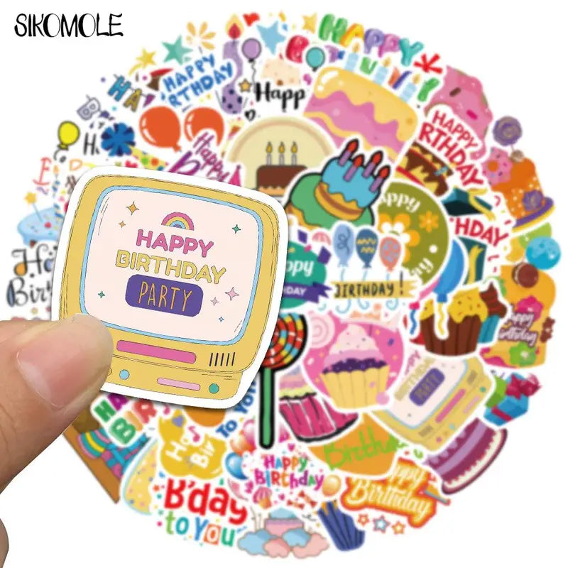Kids Cartoon Happy Birthday Sticker Set - Graffiti, Kawaii, Toy DIY Decals, Multiple Colors