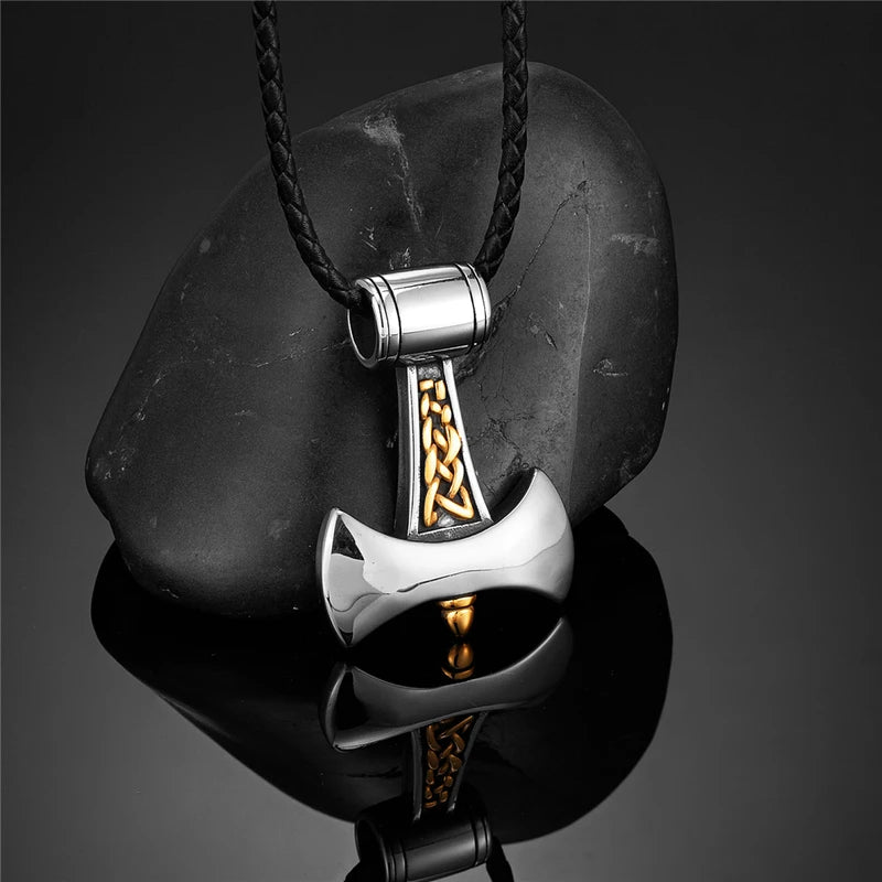 Vikings Axe Pendant Necklace Men Stainless Steel Norse Rune Amulet Jewelry
