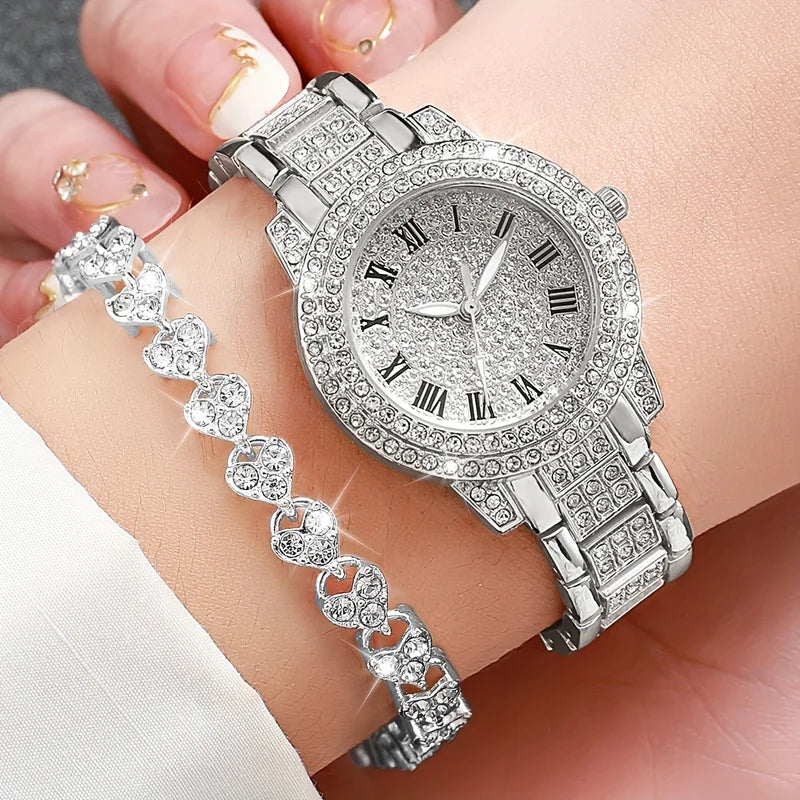 Women's Luxury Rhinestone Stainless Steel Quartz Watch and Heart Bracelet Set