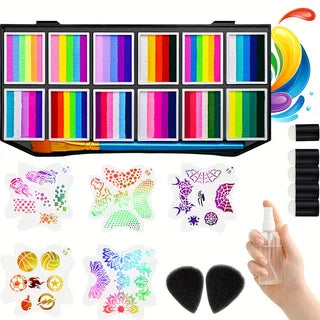 12-Color Rainbow Face & Body Paint Palette with Reusable PVC Stencils - Water-Based Creative Makeup Kit