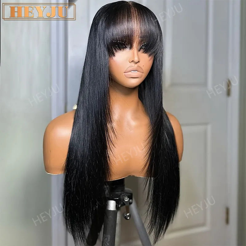 Human Hair Wigs with Bangs 30 Inch HD Lace Straight Full Machine Made Natural Color