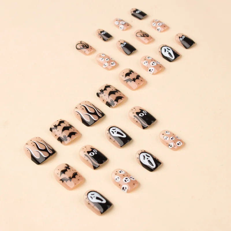 Halloween Skull Fake Nails 24 Pcs Full Coverage Press-On Nails Reusable False Nails for Women & Girls