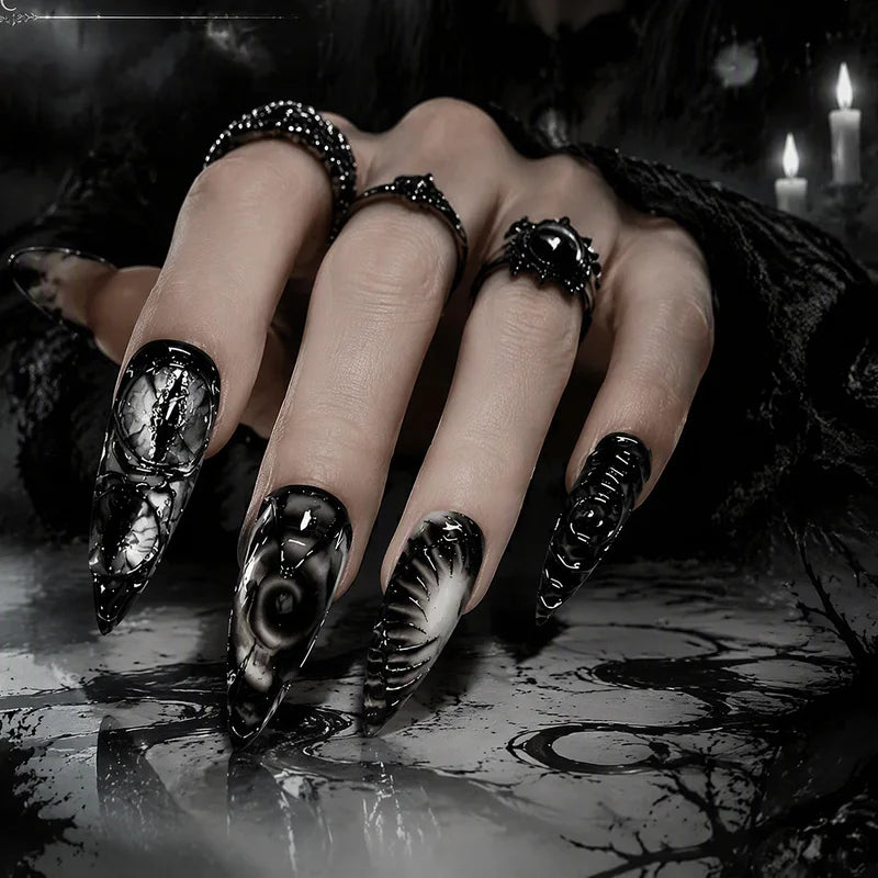 Gothic Stiletto Press On Nails with 3D Devil Eye Pattern - Halloween Fake Acrylic Nails, Glossy Finish, Reusable 30Pcs