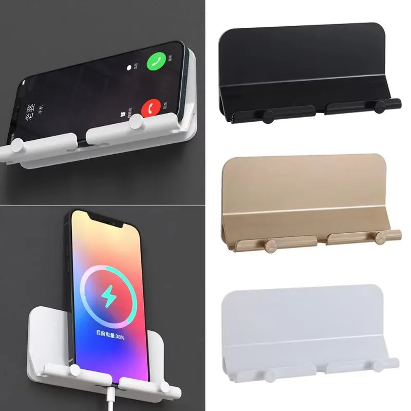 Portable Wall-Mounted Phone Holder & Double Hook with Charger Hole for All Smartphones