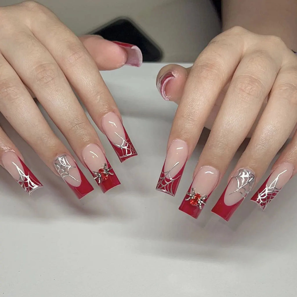 24-Pack Gothic Punk Fake Nail Tips - Spider Design, Press-On Almond Nails