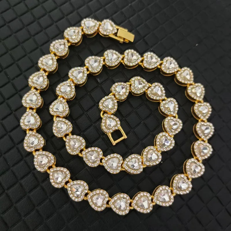 Luxury Crystal Heart Cuban Link Chain Bracelet Necklace Set - Hip Hop CZ Jewelry