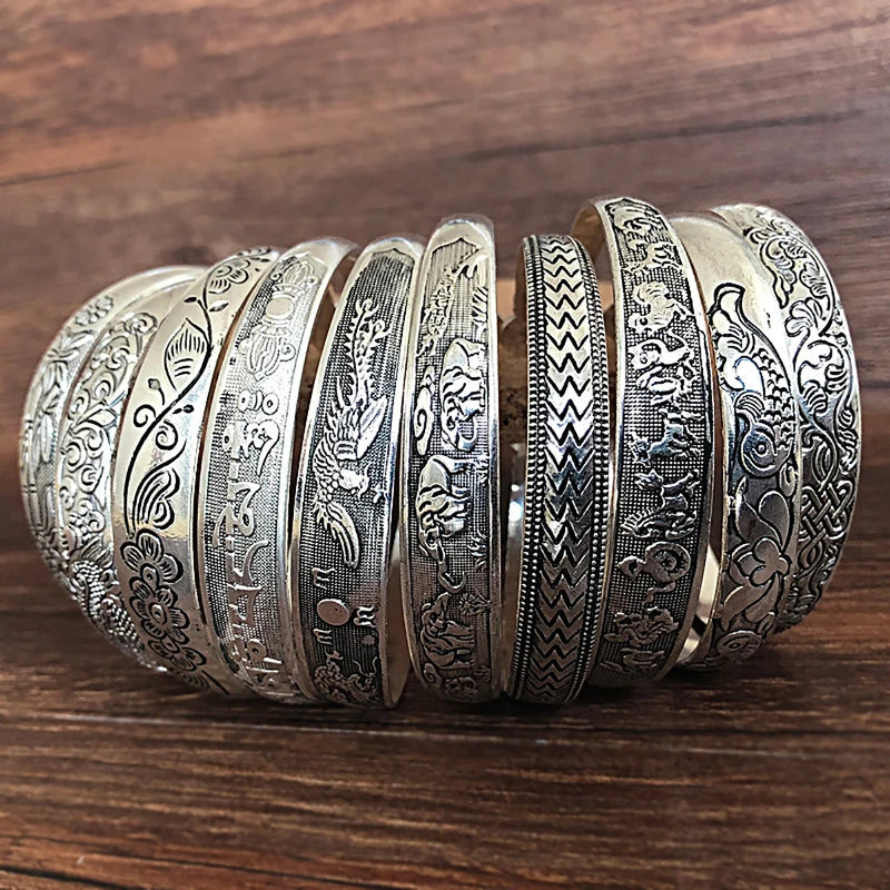 Vintage Tibetan Silver Cuff Bracelets with Carved Fish Elephant and Flower Designs - Gypsy Jewelry for Women