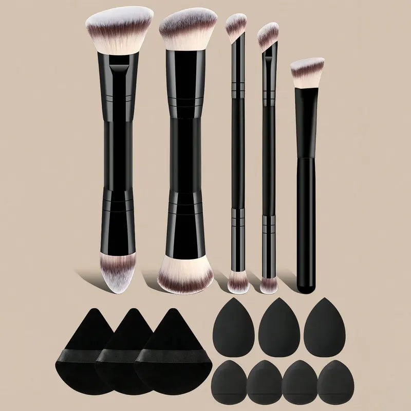 Makeup Brush Set with Sponges and Puffs - Travel Beauty Tools for Face and Eye Makeup
