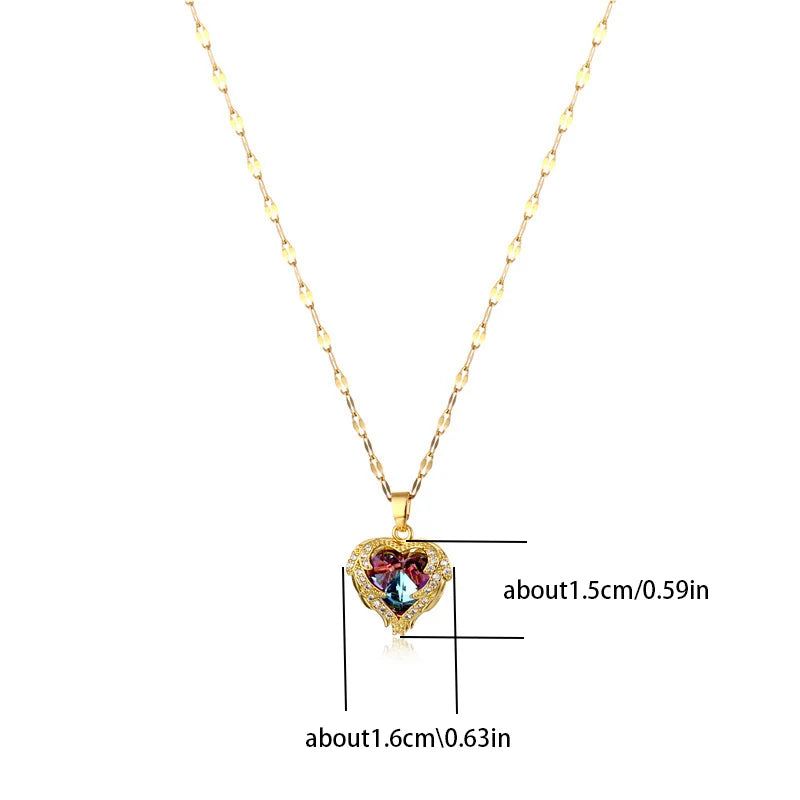 Colorful Crystal Ocean Heart Pendant Necklace for Women Stainless Steel Jewelry