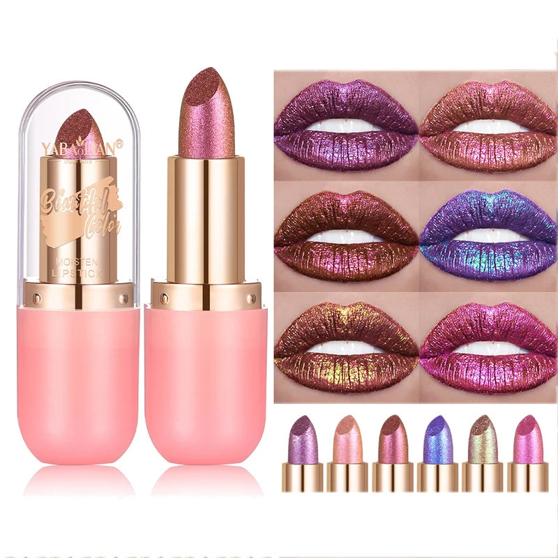 Color Changing Metallic Lipstick with Glitter & Pearl Shine Waterproof Lip Gloss