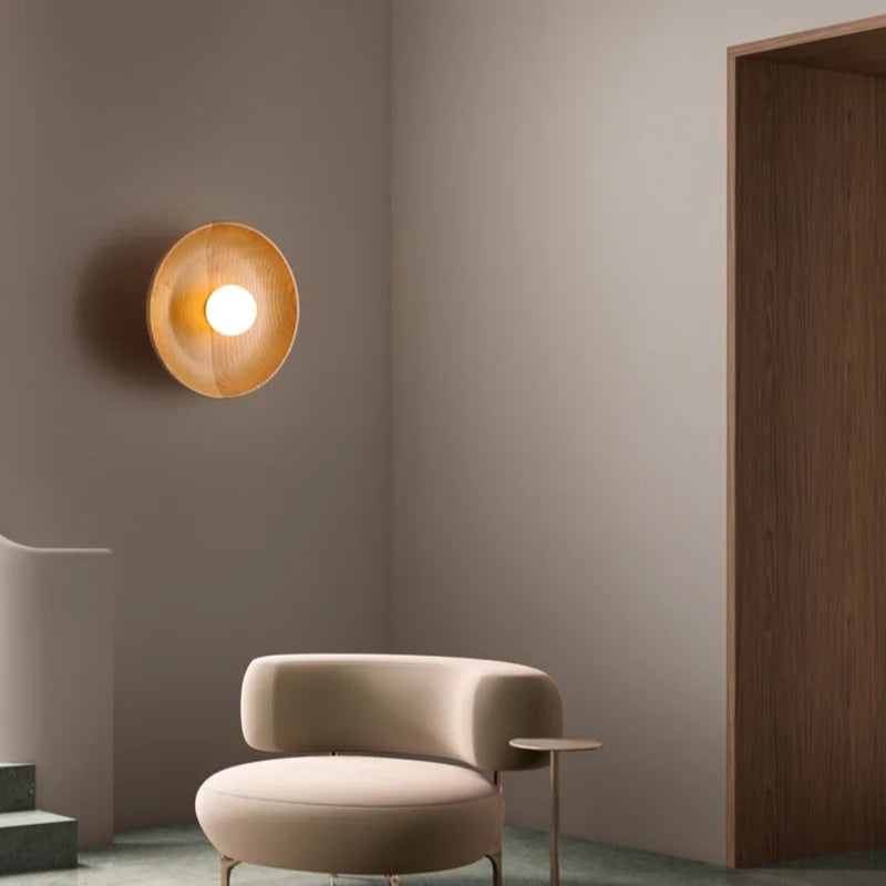 Nordic Wooden Wall Lamp with Round Shade - Modern Minimalist Wall Light for Bedroom & Living Room