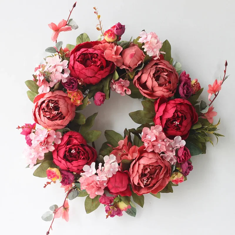 Artificial Peony Wreath Door Decoration - 40cm Silk Flower Wall Hanging for Wedding & Home Decor