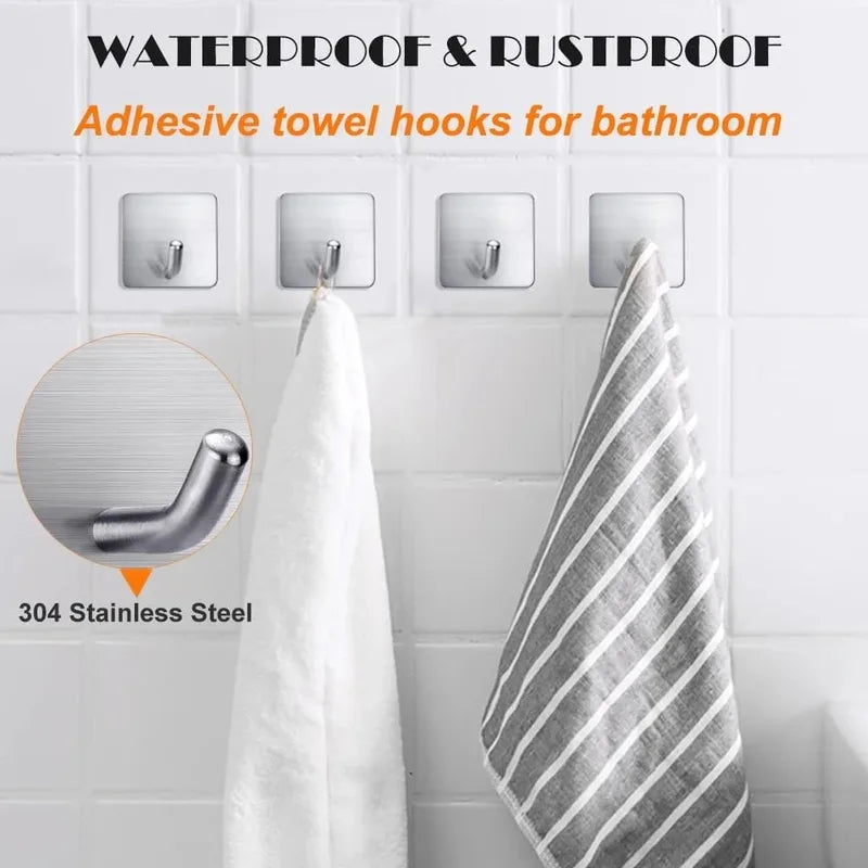 4PCS Stainless Steel Wall Mount Hooks Self-Adhesive Key Towel Jacket Bag Rack