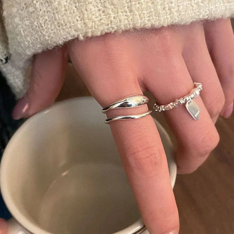 Sterling Silver Geometric Double Layer Ring for Women - Handmade Vintage Style