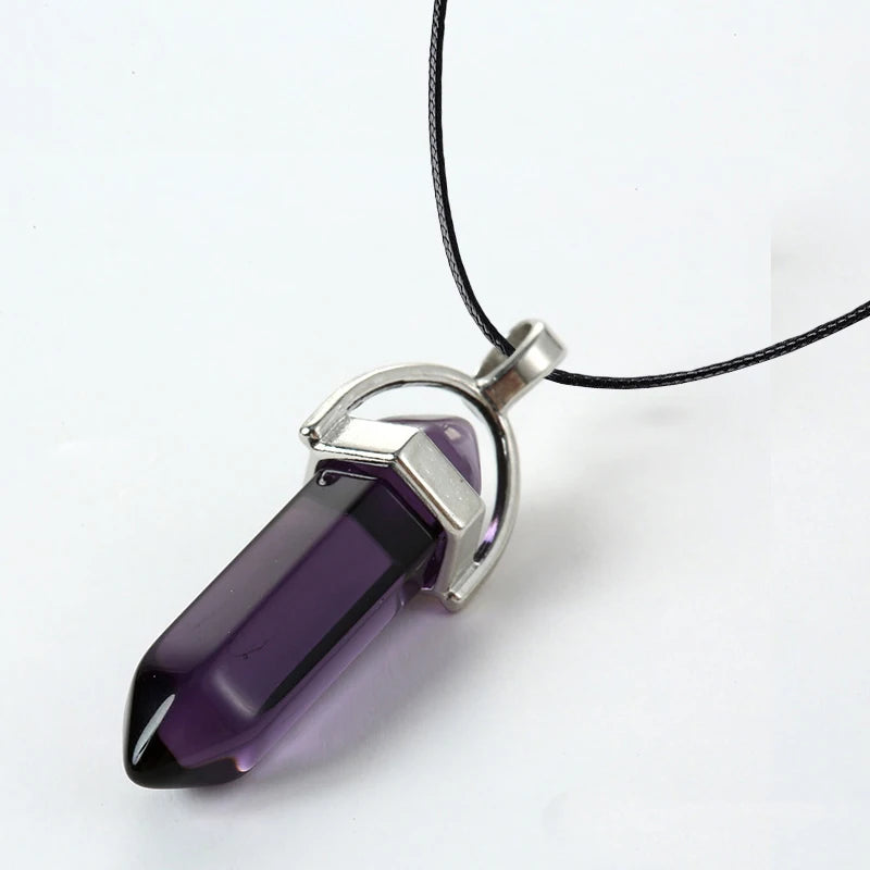 Hexagonal Quartz Necklace with Turquoise Pink Crystal Pendant for Women Leather Chain